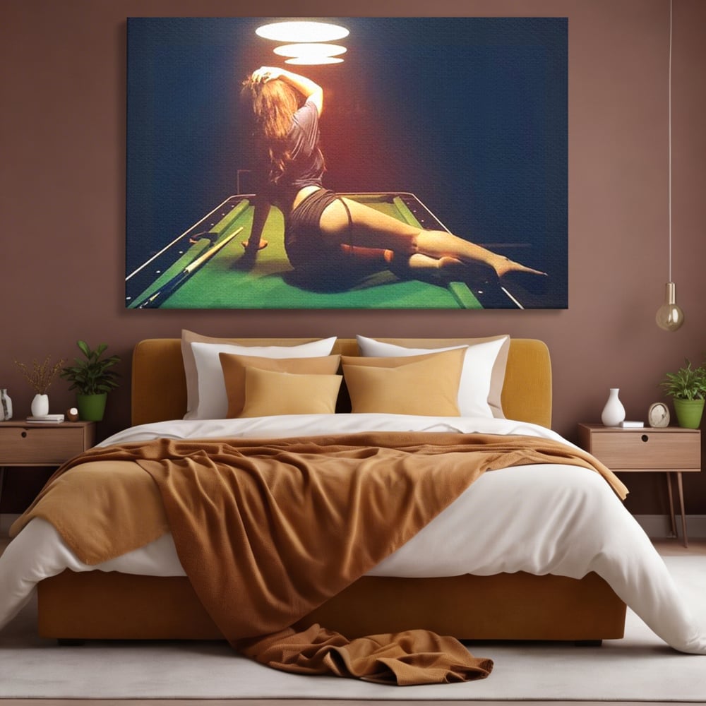 Tablou canvas cu tablou canvas cu silueta feminina pe masa de biliard, fara rama, pe sasiu de lemn, pe perete intr-un dormitor